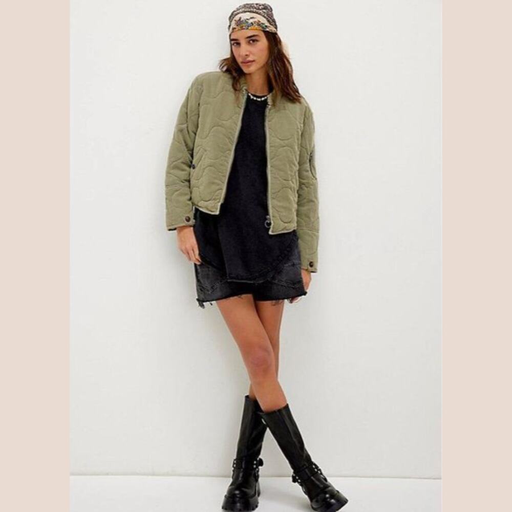 Free People Aura Liner Quilted Bomber Jacket Olive Green Adventurer XS